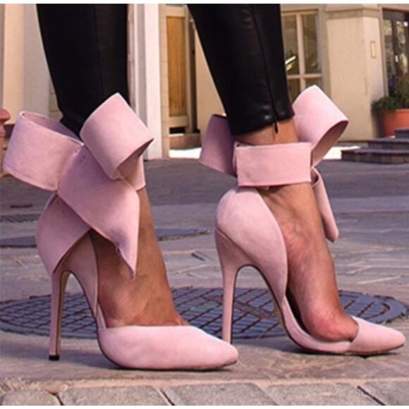 Aminah Abdul Jillil Pink Suede Bow Pumps Stiletto Heels Pointed Toe Size 11 - Picture 1 of 12
